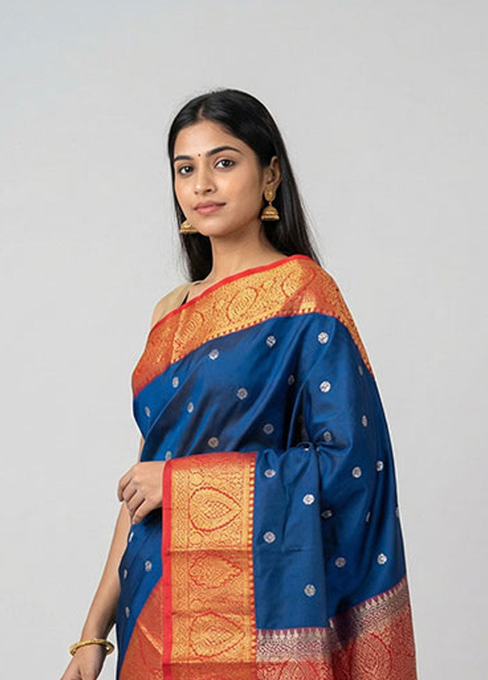 Blue Kanjivaram Silk Saree With Blouse Piece
