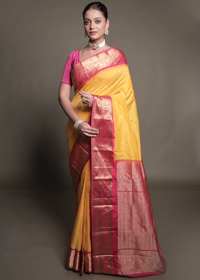 Yellow Kanjivaram Silk Saree With Blouse Piece