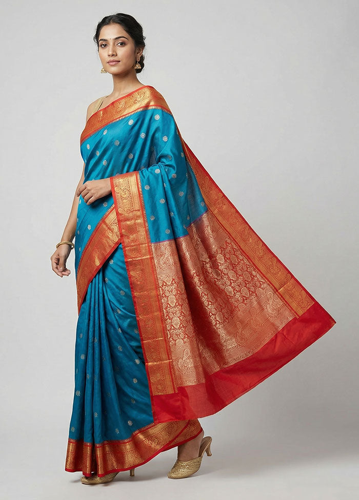 Blue Kanjivaram Silk Saree With Blouse Piece