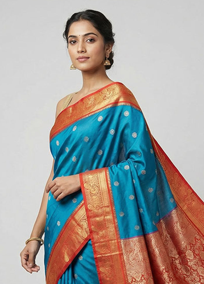 Blue Kanjivaram Silk Saree With Blouse Piece