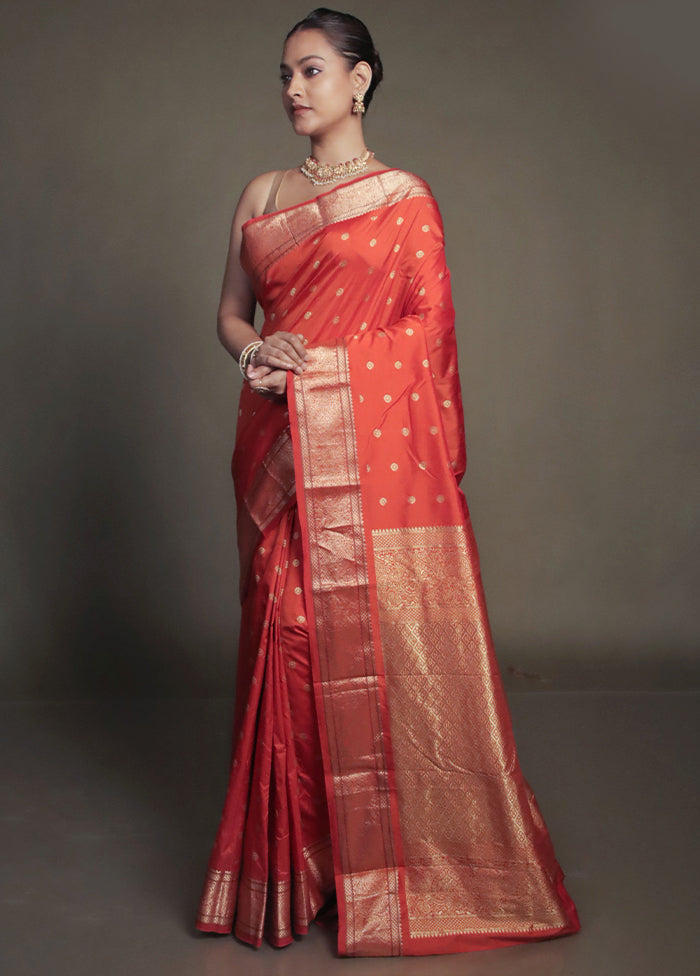 Rust Kanjivaram Silk Saree With Blouse Piece