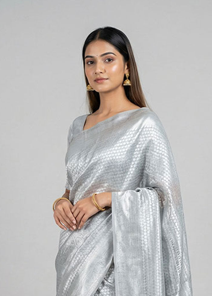 Grey Handloom Kora Silk Saree With Blouse Piece