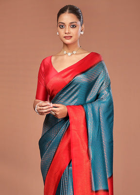Blue Dupion Silk Saree With Blouse Piece