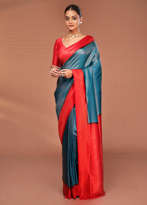 Blue Dupion Silk Saree With Blouse Piece