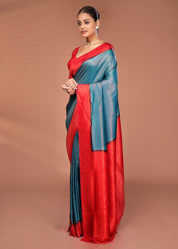 Blue Dupion Silk Saree With Blouse Piece