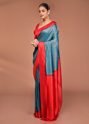 Blue Dupion Silk Saree With Blouse Piece