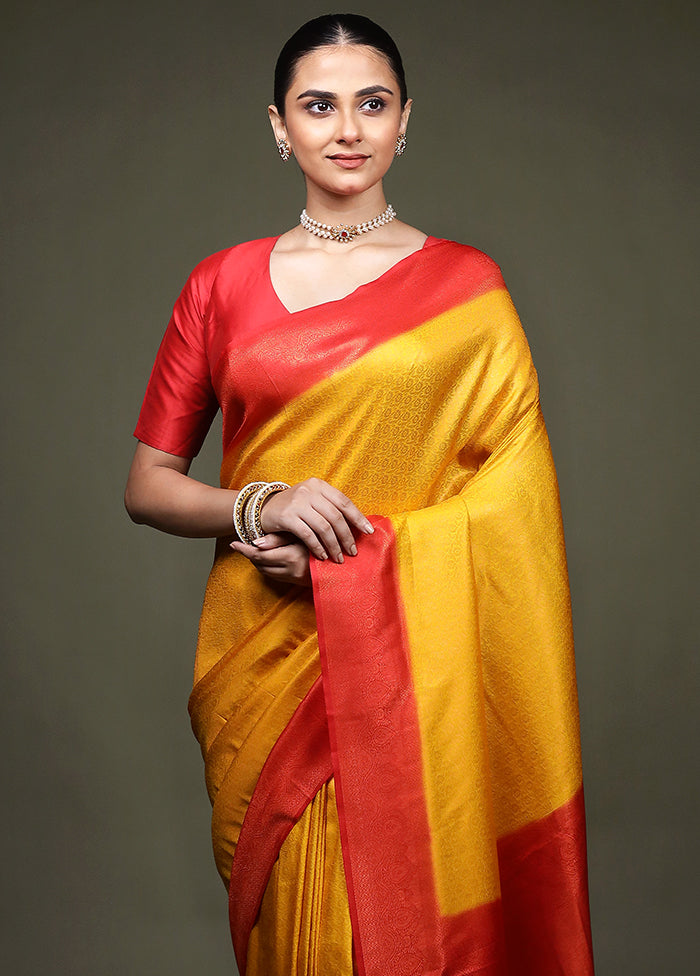 Yellow Dupion Silk Saree With Blouse Piece