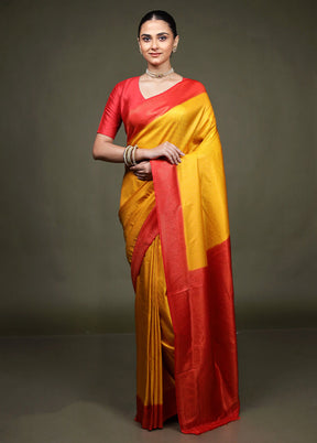 Yellow Dupion Silk Saree With Blouse Piece