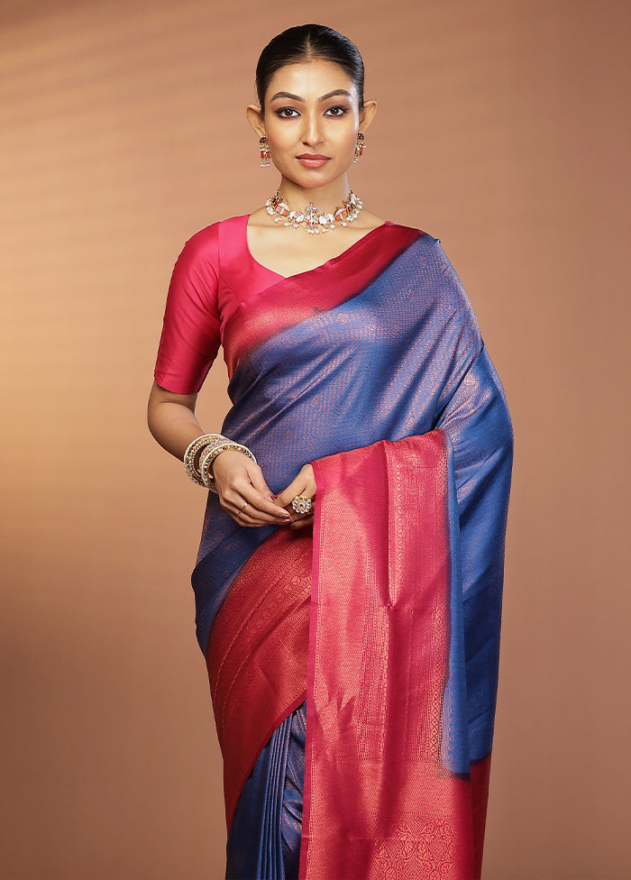 Blue Dupion Silk Saree With Blouse Piece