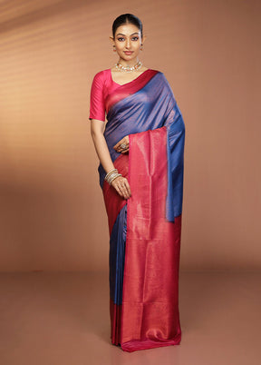 Blue Dupion Silk Saree With Blouse Piece