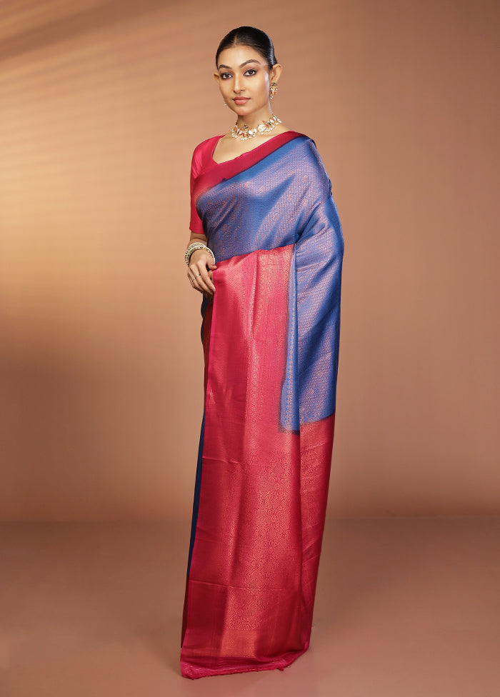 Blue Dupion Silk Saree With Blouse Piece
