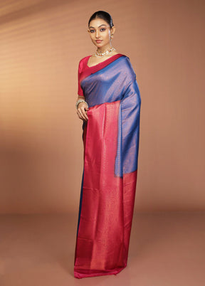 Blue Dupion Silk Saree With Blouse Piece