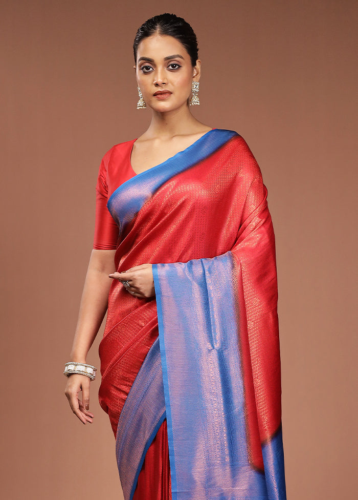 Red Dupion Silk Saree With Blouse Piece