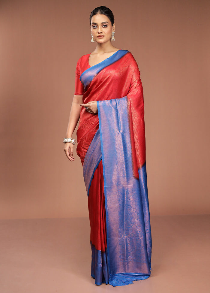 Red Dupion Silk Saree With Blouse Piece