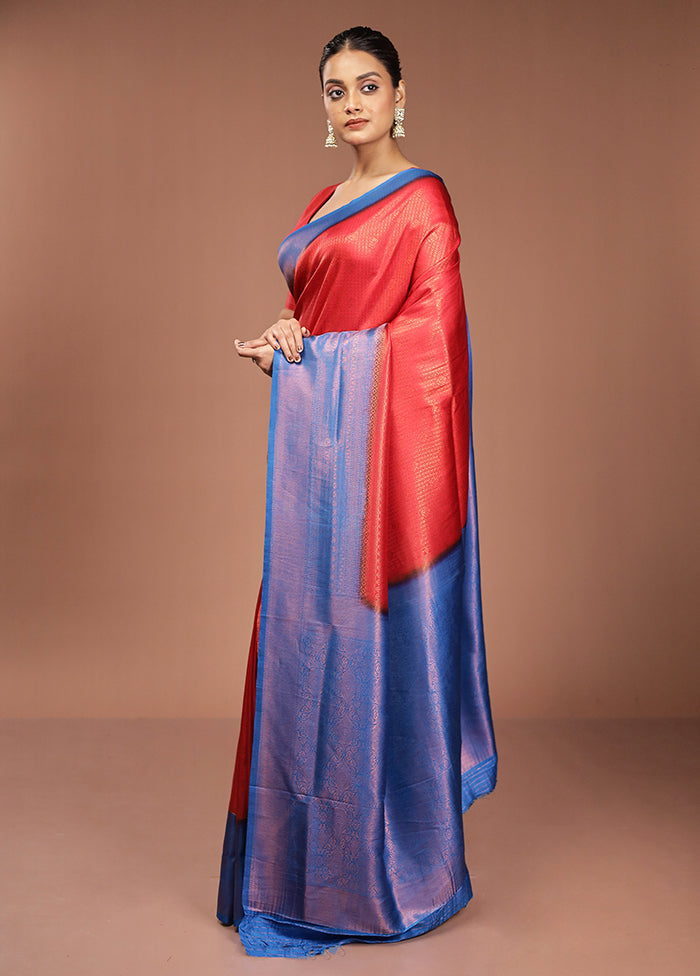 Red Dupion Silk Saree With Blouse Piece
