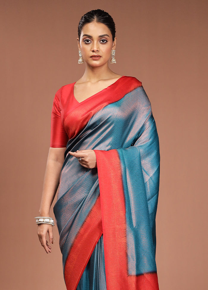 Blue Dupion Silk Saree With Blouse Piece