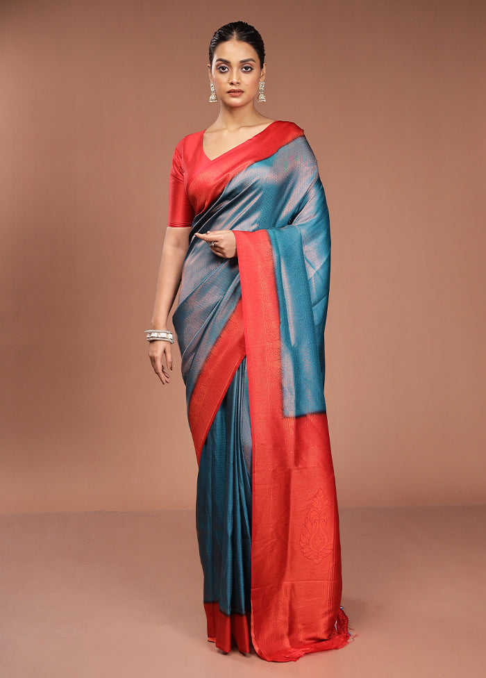 Blue Dupion Silk Saree With Blouse Piece