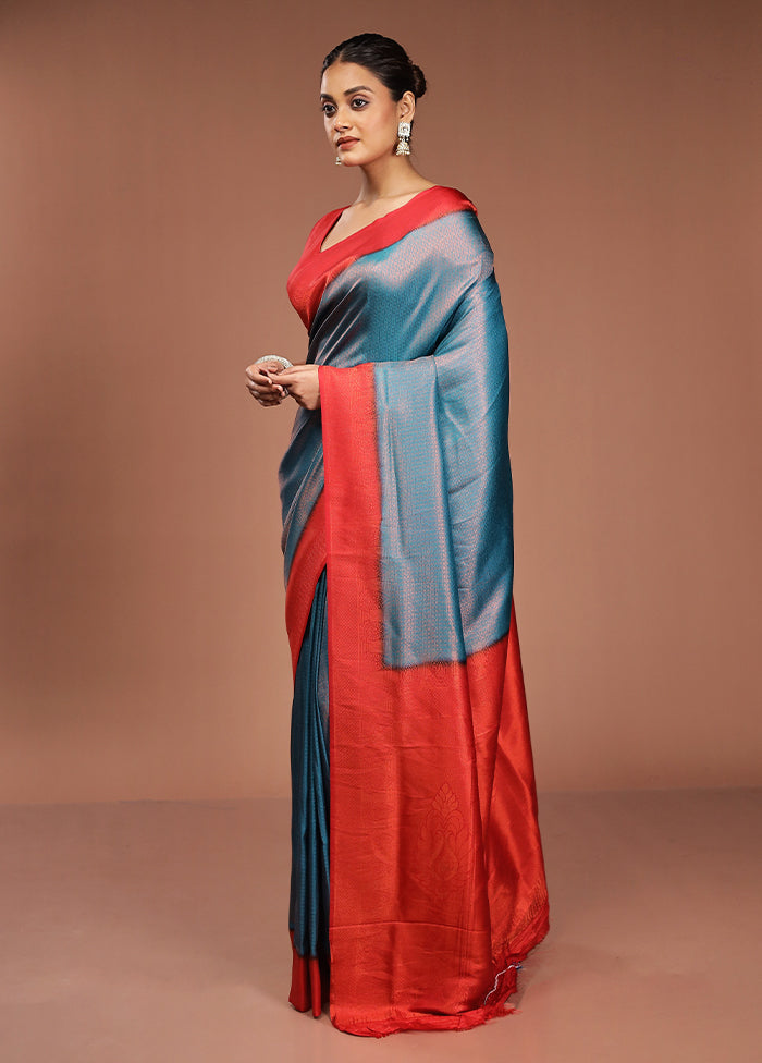 Blue Dupion Silk Saree With Blouse Piece