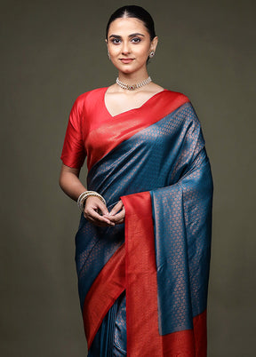 Blue Dupion Silk Saree With Blouse Piece