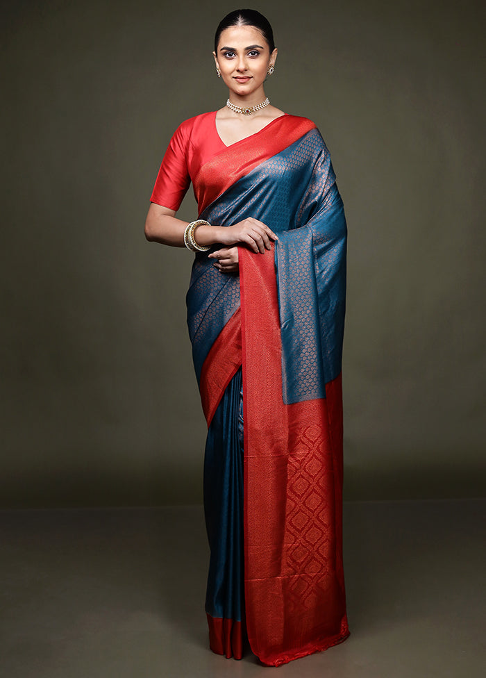 Blue Dupion Silk Saree With Blouse Piece