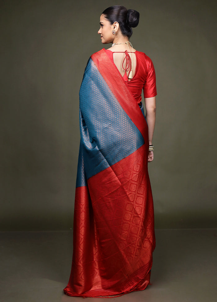 Blue Dupion Silk Saree With Blouse Piece