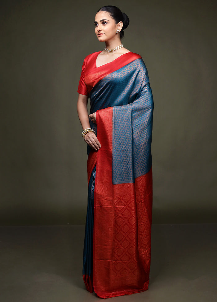 Blue Dupion Silk Saree With Blouse Piece