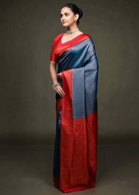 Blue Dupion Silk Saree With Blouse Piece