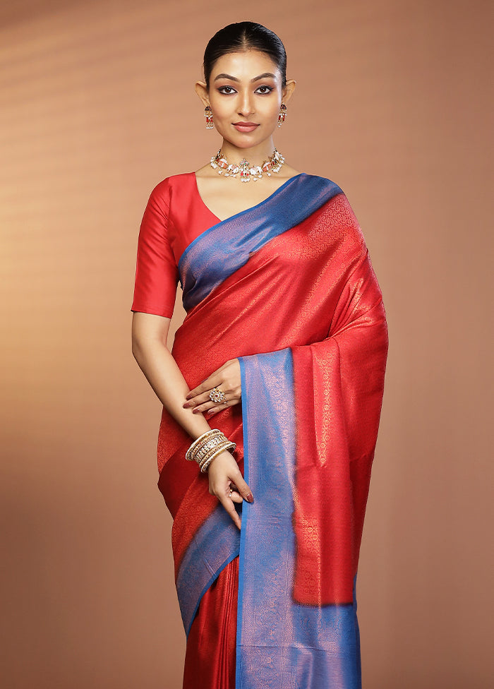 Red Dupion Silk Saree With Blouse Piece