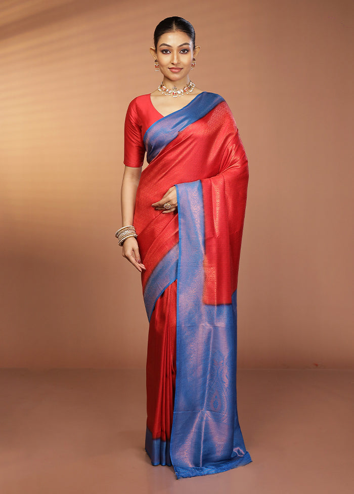 Red Dupion Silk Saree With Blouse Piece