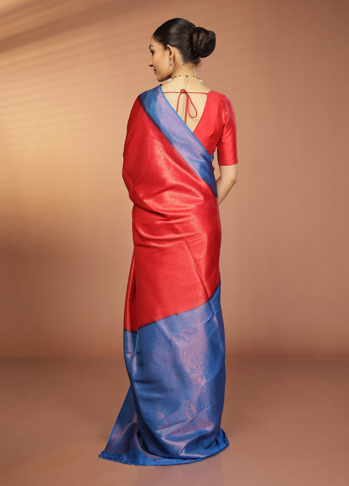 Red Dupion Silk Saree With Blouse Piece