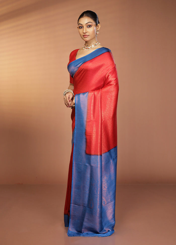 Red Dupion Silk Saree With Blouse Piece