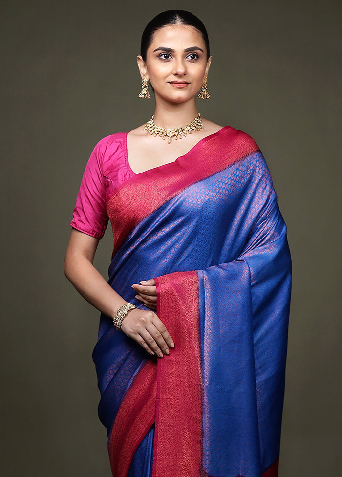 Blue Dupion Silk Saree With Blouse Piece