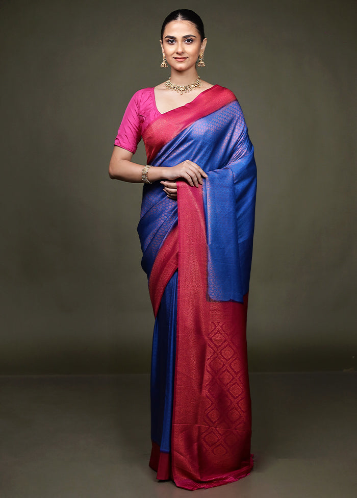 Blue Dupion Silk Saree With Blouse Piece