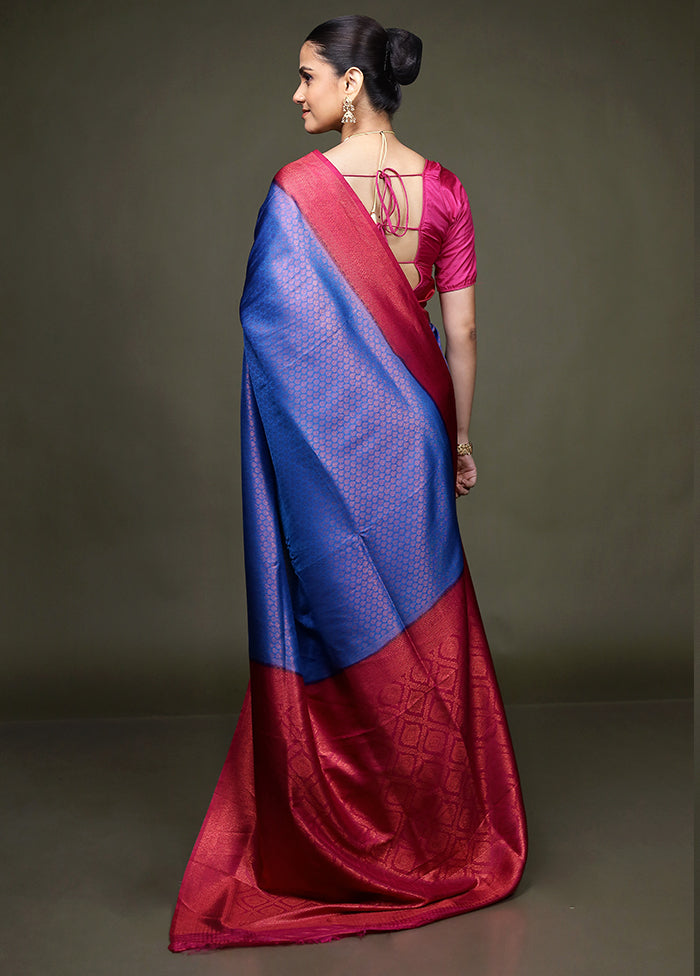 Blue Dupion Silk Saree With Blouse Piece