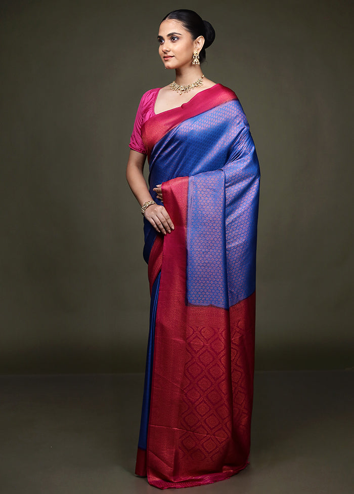 Blue Dupion Silk Saree With Blouse Piece