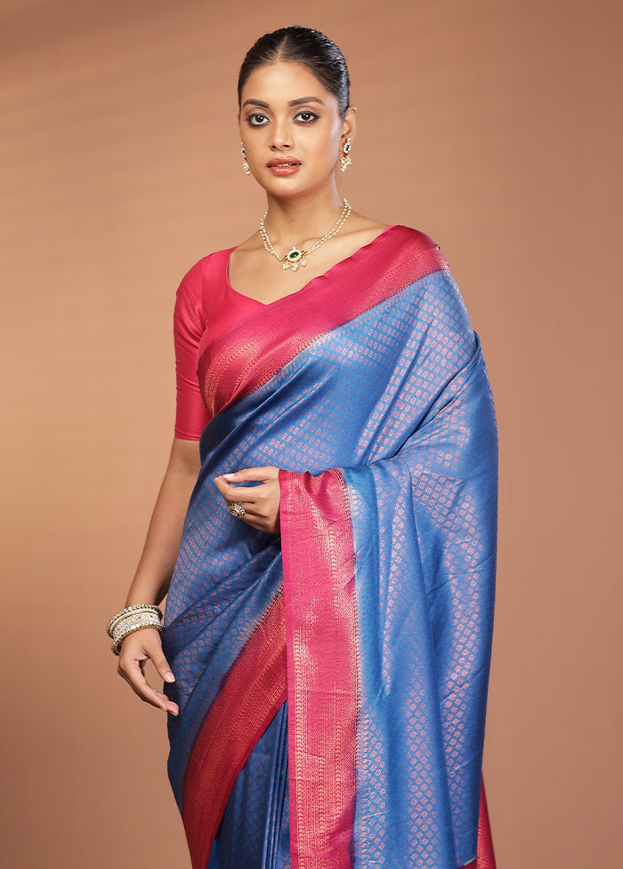 Blue Dupion Silk Saree With Blouse Piece