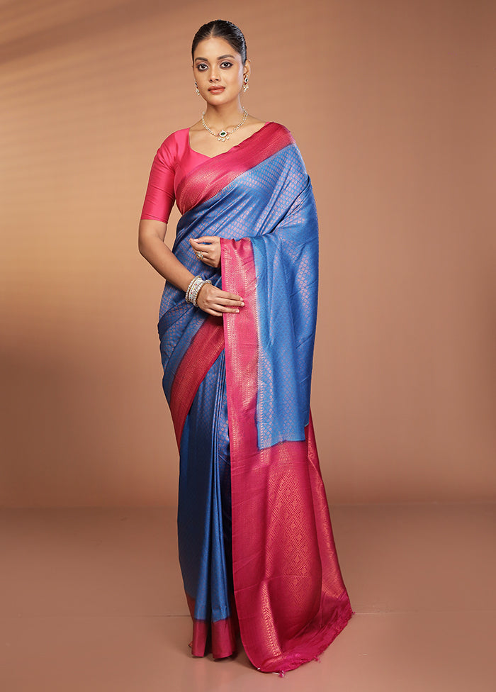 Blue Dupion Silk Saree With Blouse Piece