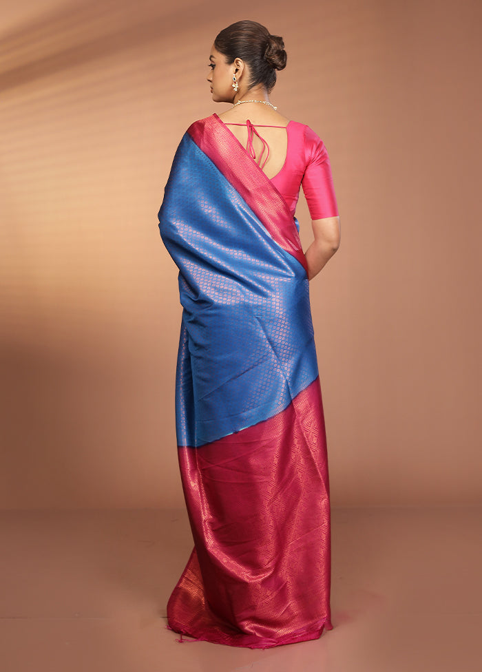 Blue Dupion Silk Saree With Blouse Piece