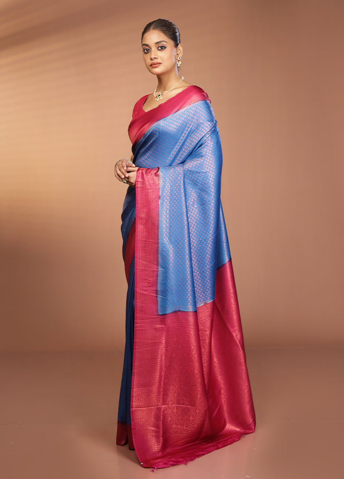 Blue Dupion Silk Saree With Blouse Piece
