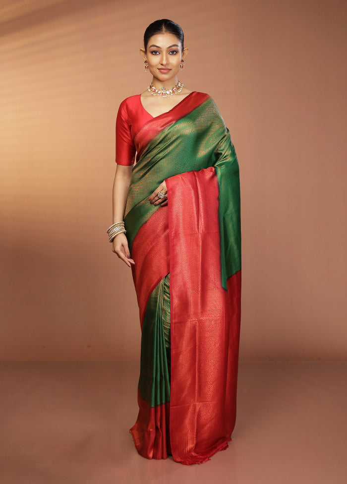 Green Dupion Silk Saree With Blouse Piece