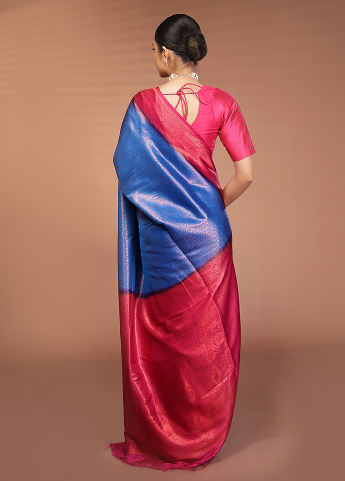 Blue Dupion Silk Saree With Blouse Piece