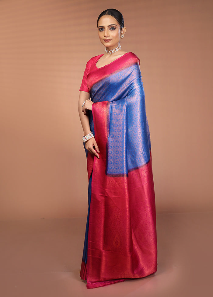 Blue Dupion Silk Saree With Blouse Piece