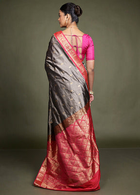 Grey Handloom Kanchipuram Pure Silk Saree With Blouse Piece