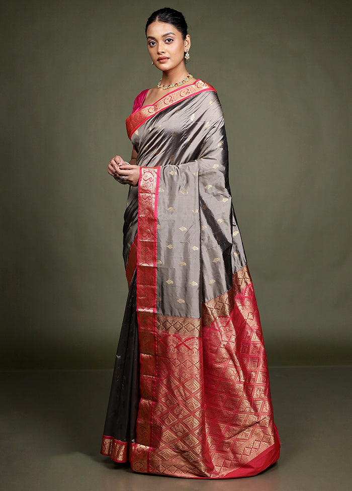 Grey Handloom Kanchipuram Pure Silk Saree With Blouse Piece