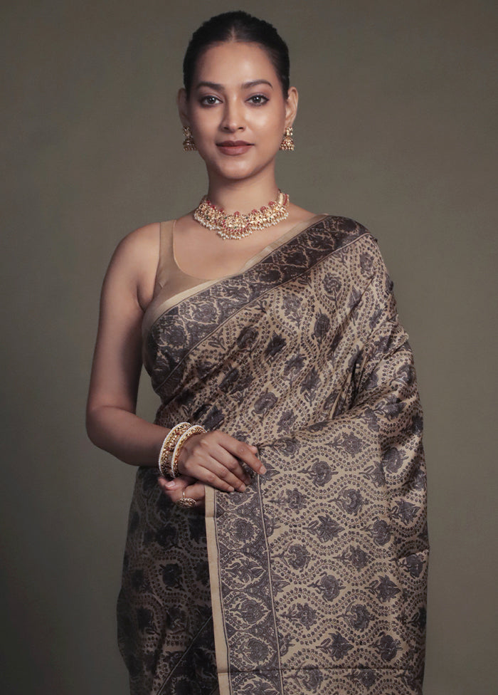Cream Printed Pure Silk Saree Without Blouse Piece