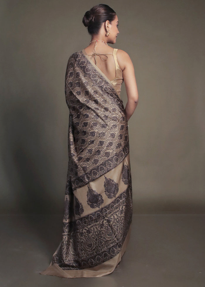 Cream Printed Pure Silk Saree Without Blouse Piece