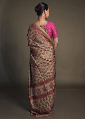 Cream Printed Pure Silk Saree Without Blouse Piece