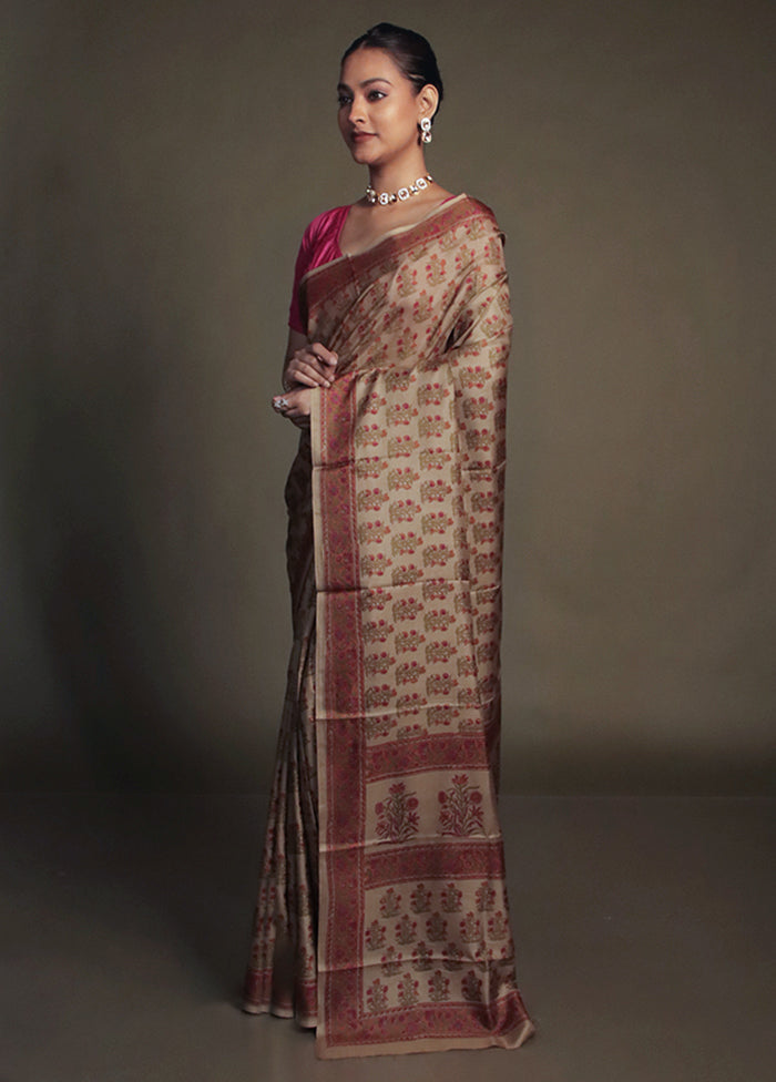 Cream Printed Pure Silk Saree Without Blouse Piece