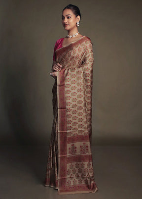 Cream Printed Pure Silk Saree Without Blouse Piece