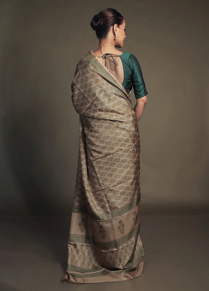 Cream Printed Pure Silk Saree Without Blouse Piece